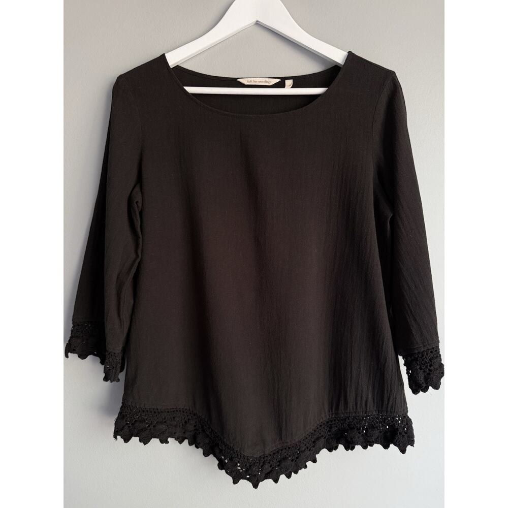 Soft Surroundings Black Cotton Crochet Trim Boho Tunic Top XS 3/4 Sleeve Peasant